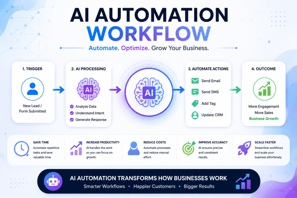 AI automation workflow diagram showing lead capture, AI processing, automated actions, CRM updates, email marketing and business growth.