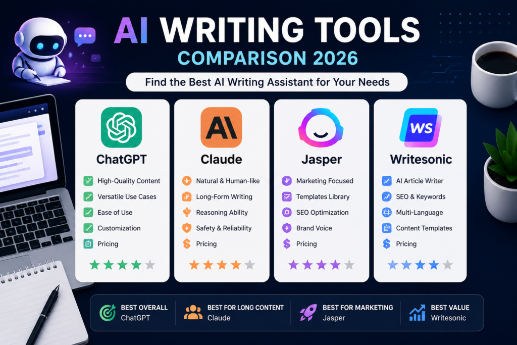 Comparison chart of the best AI writing tools in 2026 including ChatGPT, Claude, Jasper AI and Writesonic with features and ratings.