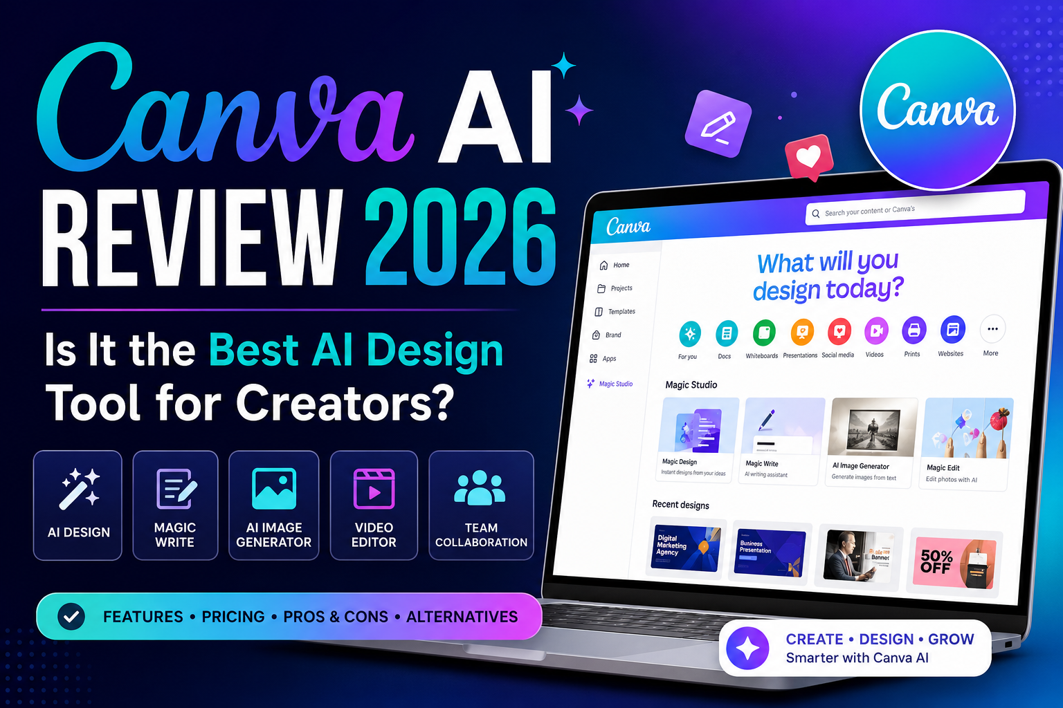 Canva AI Review 2026: Is It the Best AI Design Tool for Creators? Canva AI Review 2026 featured image showing AI design tools, Magic Design, AI image generator, video editor, brand kit, and content creation features.