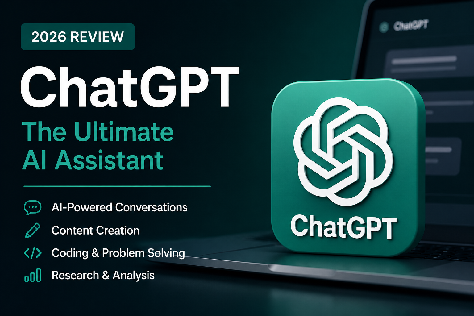 ChatGPT Review 2026 featured image showing ChatGPT AI assistant, features, pricing, content creation, coding, and research capabilities.