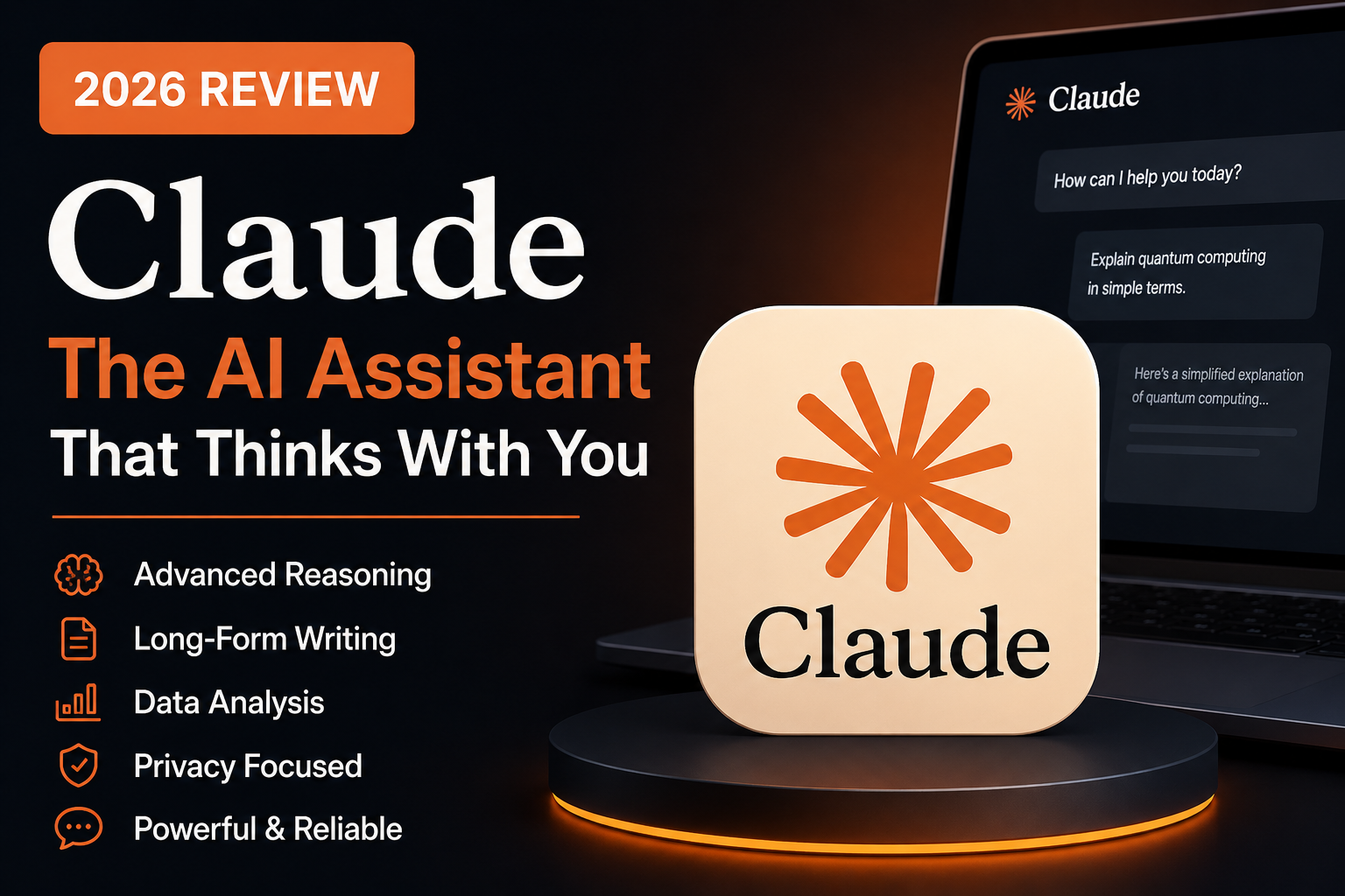 Claude Review 2026 featured image showing Claude AI assistant, advanced reasoning, long-form writing, data analysis, privacy-focused features, and AI productivity tools.