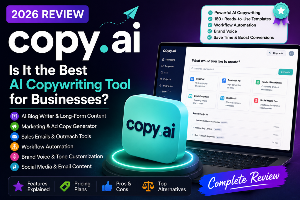 Copy.ai Review 2026 featured image showing AI copywriting, workflow automation, brand voice, email marketing, and content generation tools.