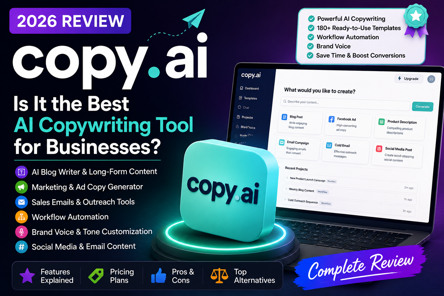 Copy.ai Review 2026 featured image showing AI copywriting, workflow automation, brand voice, email marketing, and content generation tools.