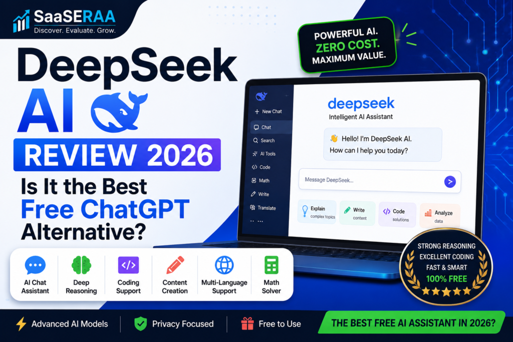 DeepSeek AI Review 2026 featured image showing AI chatbot, reasoning model, coding assistant, content creation tools, and ChatGPT alternative features.