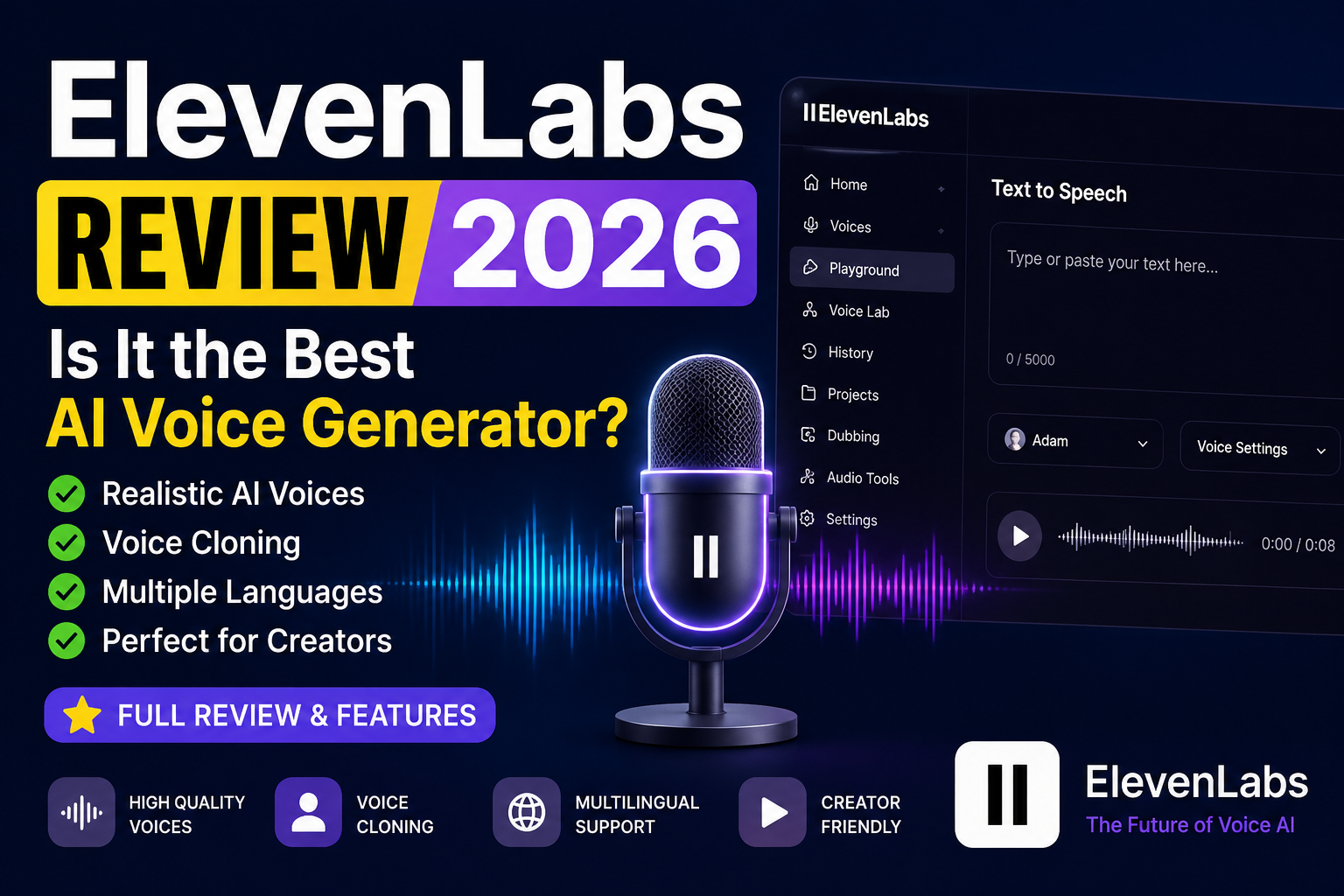 ElevenLabs Review 2026 featured image showing AI voice generator, voice cloning technology, text-to-speech features, multilingual support, and content creation tools.