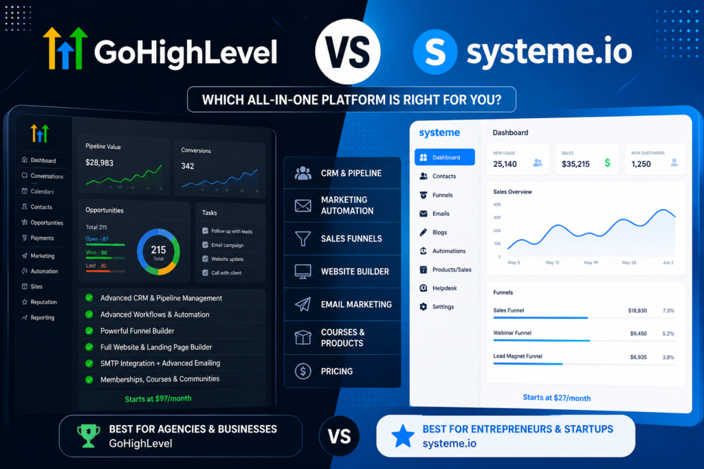 Side-by-side comparison of GoHighLevel and Systeme.io showing CRM, funnel builder, email marketing, automation and pricing features.