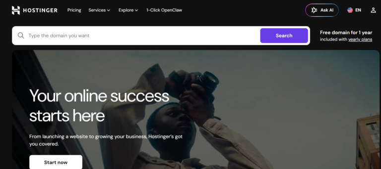 Hostinger homepage showing domain search tool and web hosting services for website creation and online business growth
