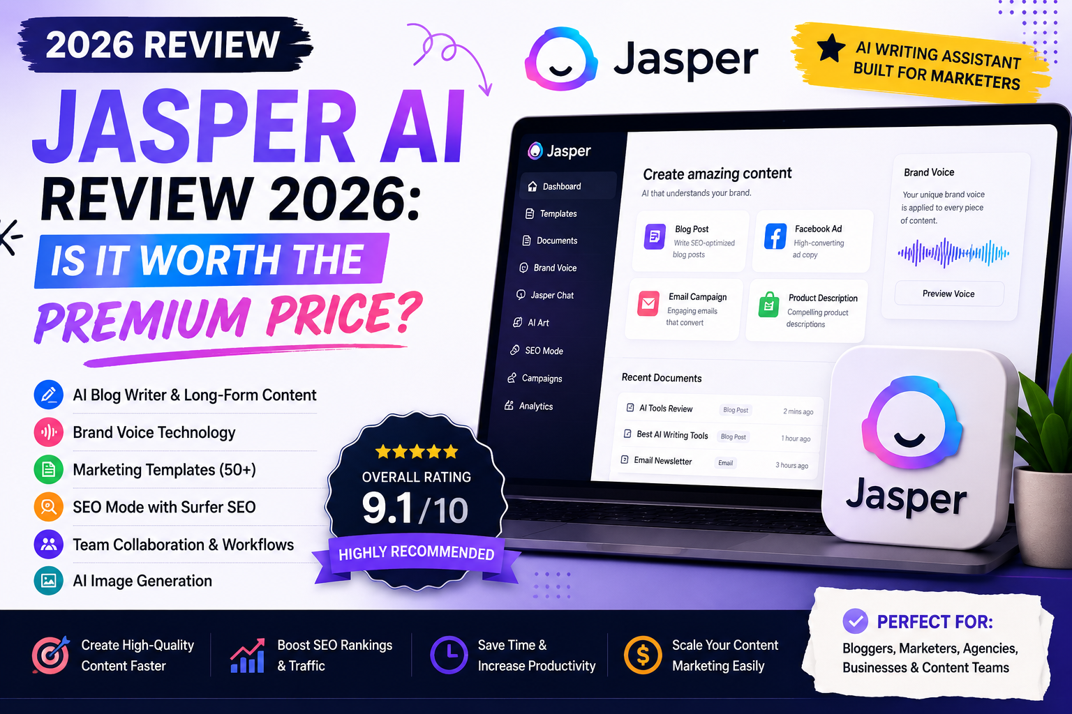Jasper AI Review 2026 featured image showing Jasper AI writing assistant, Brand Voice, SEO tools, marketing templates, and content creation features.