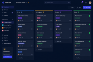 Modern Kanban board dashboard displaying task management workflow with To Do, In Progress, Review, and Completed columns for project tracking and team collaboration.