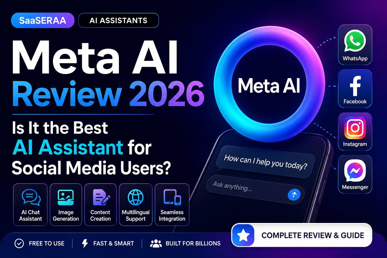 Meta AI Review 2026 featured image showing Meta AI integration with WhatsApp, Facebook, Instagram, Messenger, AI chat assistant, content creation, and image generation features.