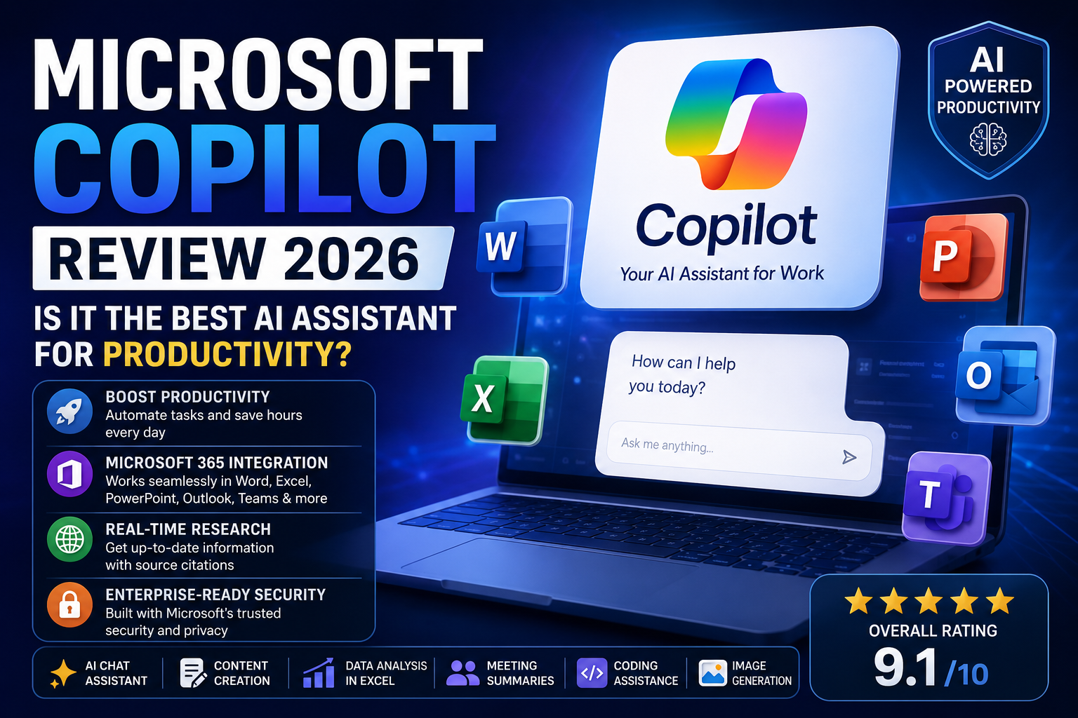 Microsoft Copilot Review 2026 featured image showing Microsoft Copilot AI assistant, Microsoft 365 integration, productivity tools, Word, Excel, PowerPoint, Outlook, and Teams.