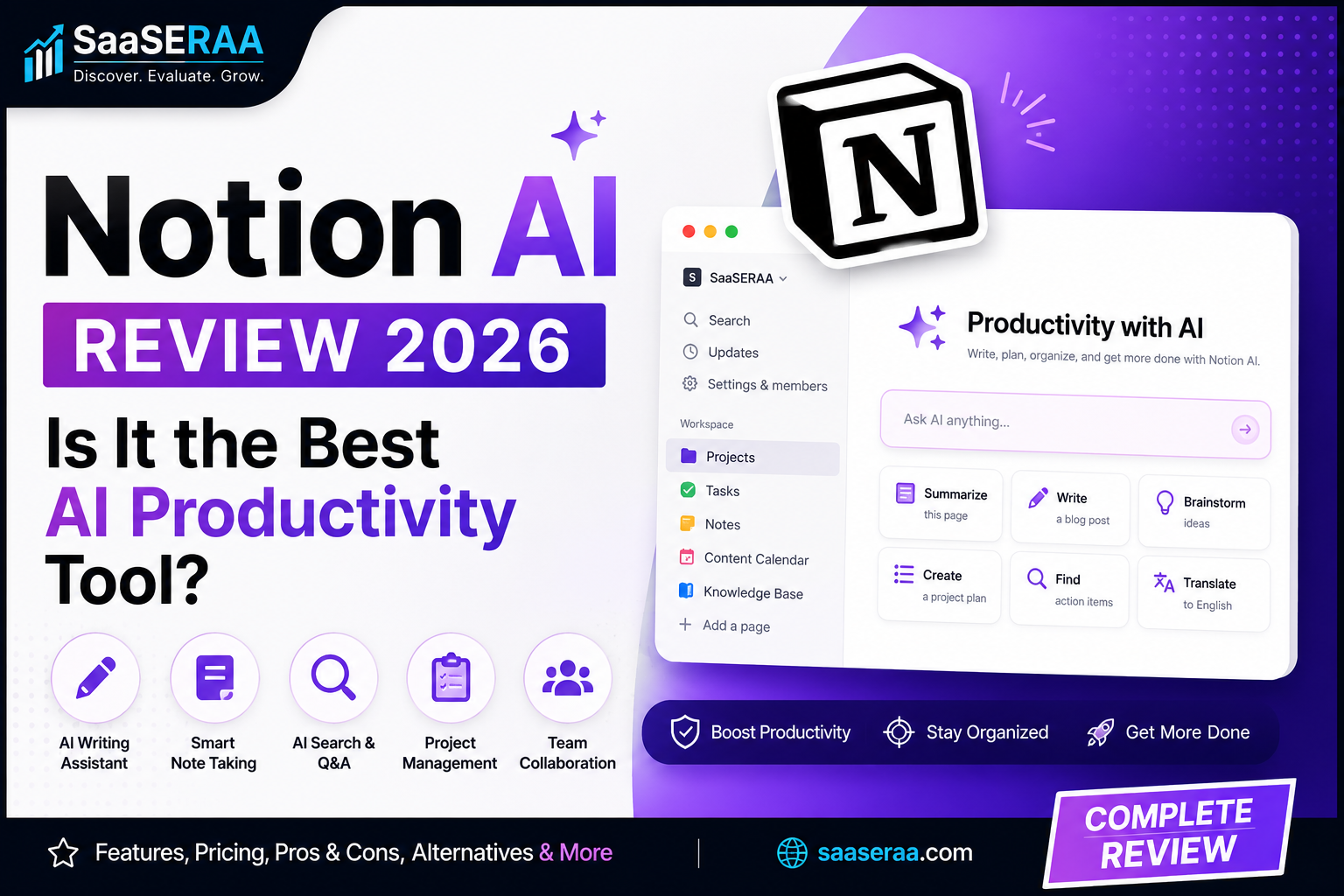 Notion AI Review 2026 featured image showing AI writing assistant, note taking, AI search, project management, team collaboration, and productivity features.