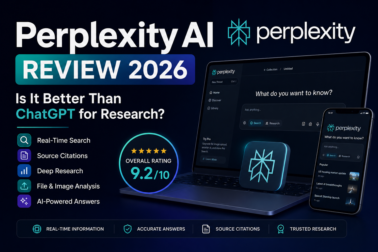 Perplexity AI Review 2026 featured image comparing Perplexity AI and ChatGPT for research, real-time search, source citations, and AI-powered answers.