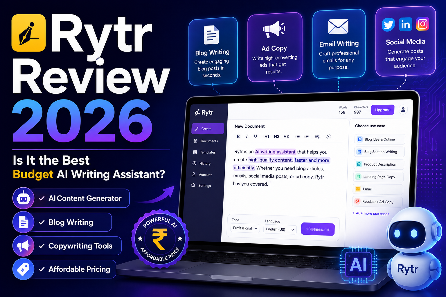Rytr Review 2026 featured image showing AI content generation, blog writing, copywriting tools, email writing, social media content creation, and affordable AI writing features.