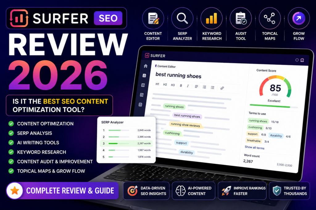 Surfer SEO Review 2026 featured image showing content optimization, SERP analysis, keyword research, AI writing tools, content audits, and SEO ranking features.