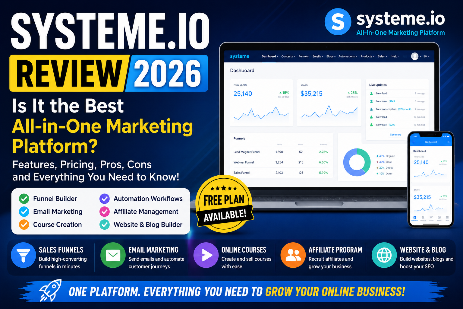 Systeme.io Review 2026 featured image showing funnel builder, email marketing, automation workflows, course creation, affiliate management, and website builder features.