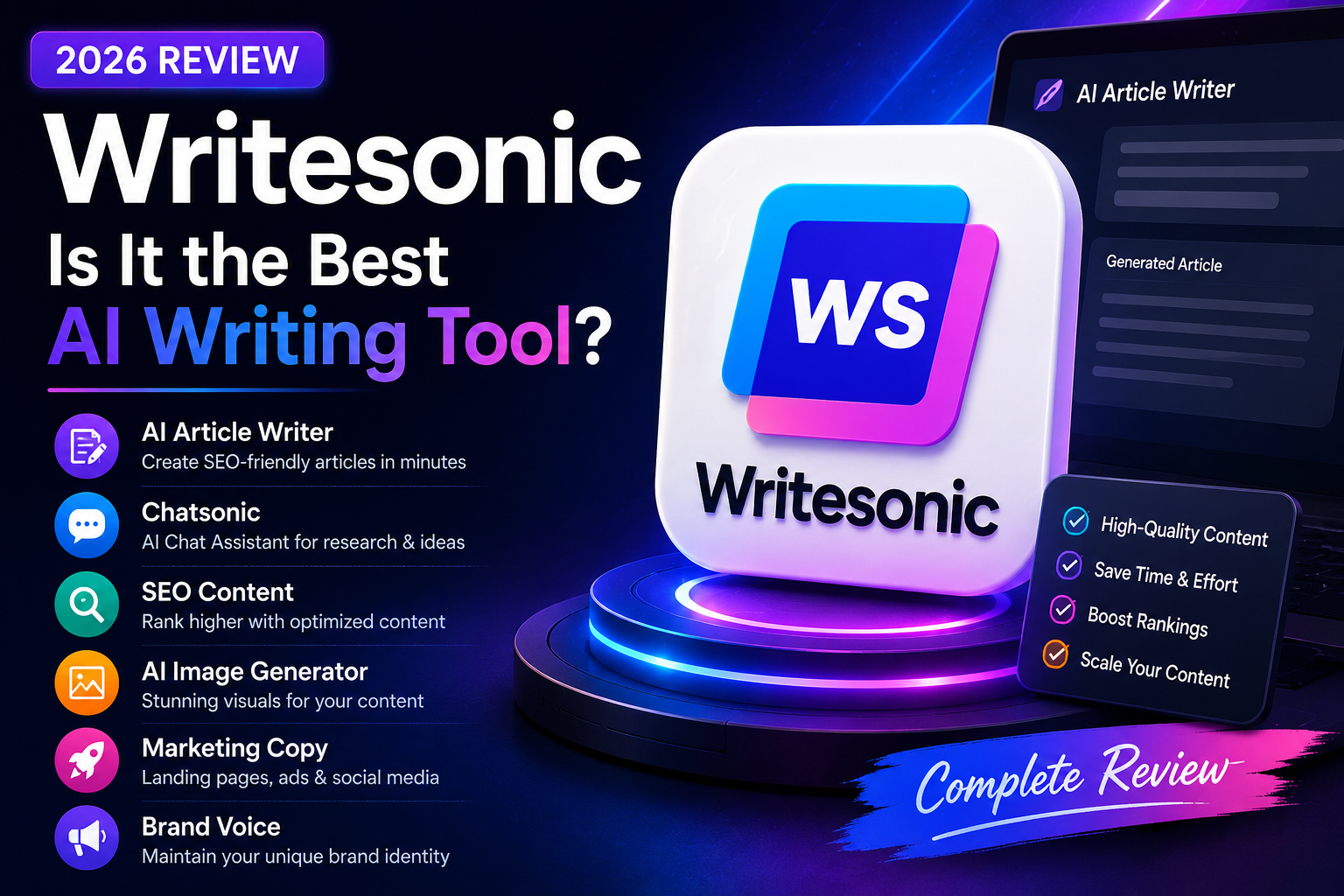 Writesonic Review 2026 featured image showing Writesonic AI writing tool, Chatsonic assistant, SEO content generation, AI article writer, and marketing automation features.