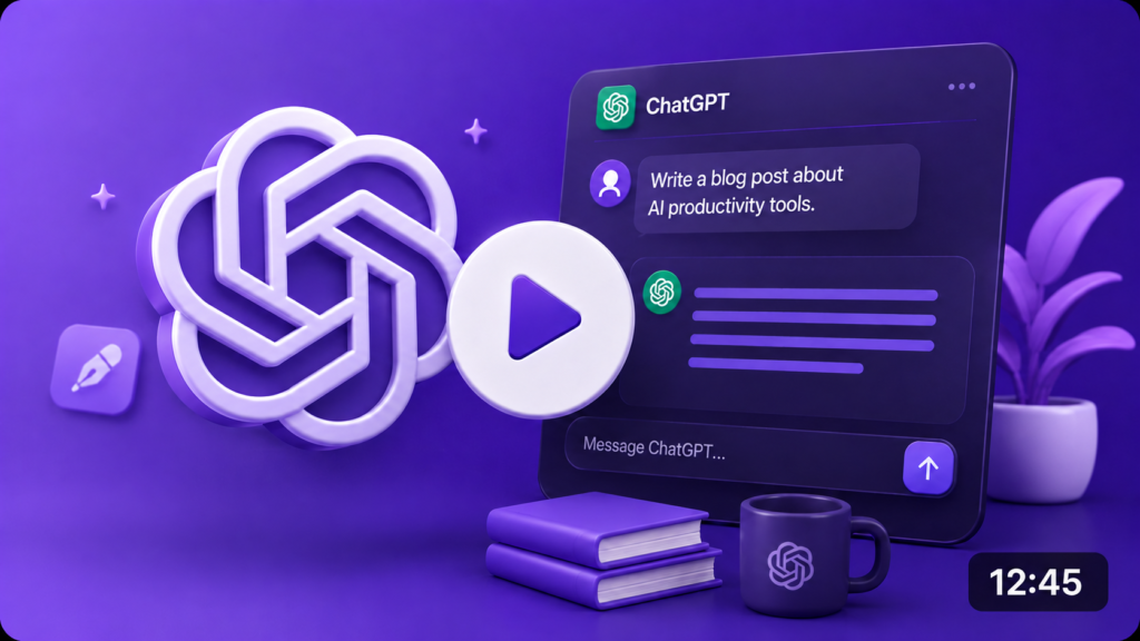 3D ChatGPT AI writing tutorial thumbnail featuring the ChatGPT interface, play button, books, coffee mug, and productivity workspace for a step-by-step video guide.