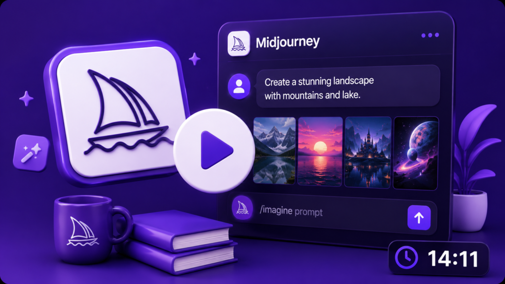 3D Midjourney AI tutorial thumbnail showing the Midjourney interface, AI image generation prompt, play button, generated artwork previews, and a 14:11 video duration for a beginner-friendly step-by-step guide.