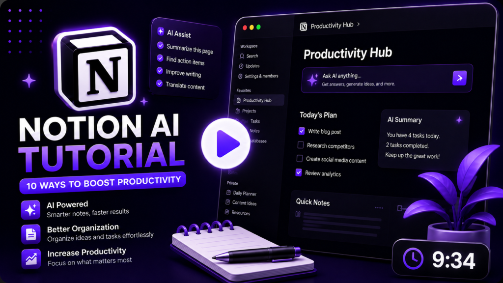 3D Notion AI tutorial thumbnail featuring the Notion workspace, AI productivity dashboard, task management interface, play button, and productivity planner.